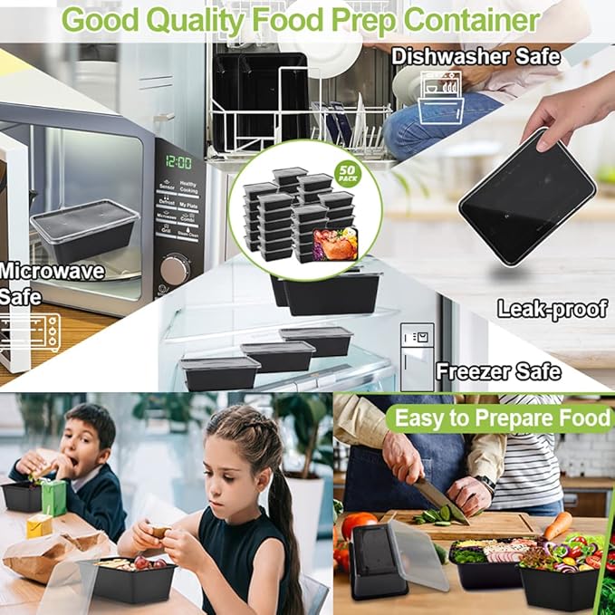 50-Pack Meal Prep Containers, 26 OZ Microwavable Reusable Food Containers with Lids for Food Prepping, Disposable Lunch Boxes, Plastic Food Boxes- Stackable, Freezer Dishwasher Healthy