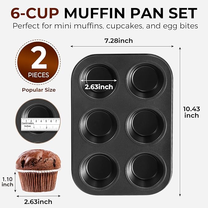 Muffin Pan 2-Pack, 6-Cup Cupcake Pans and Muffin Tins with Nonstick Coating, 10.43"x7.28"x1.1" with 2.56" Cups, for Muffins, Cupcakes, Brownies, Cheesecake, Carbon Steel, Easy Clean, Oven Safe