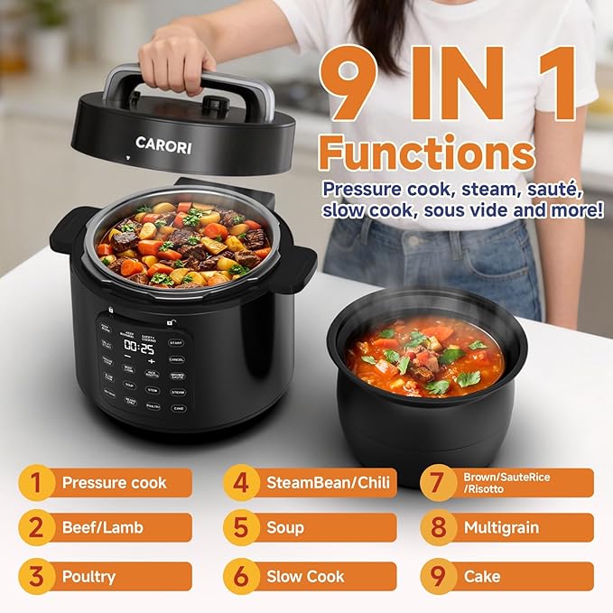6Qt 9-in-1 Electric Pressure Cooker, Dual Inner Pots, Stainless Steel Pot and Non-Stick Pot, 12 Preset Cooking Programs with IMD Touchscreen, Safe Vent, Slow Cook, Rice Cook, Steam, Black