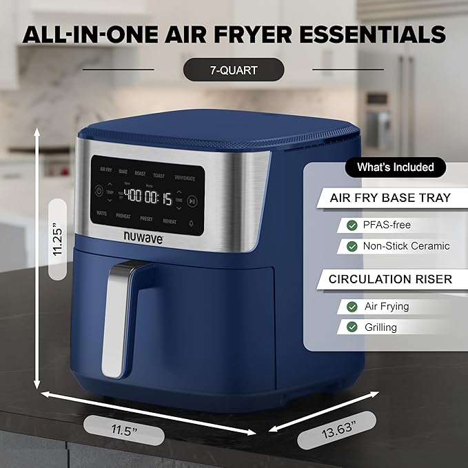 Nuwave Brio Plus 6-in-1 Air Fryer, 7-Qt Large Capacity, 50°F–400°F Precise Temp Control, Non-Toxic PFAS-Free Nonstick, Air Fry, Bake, Roast, Toast, Dehydrate, Reheat, 100 Presets, Dishwasher Safe