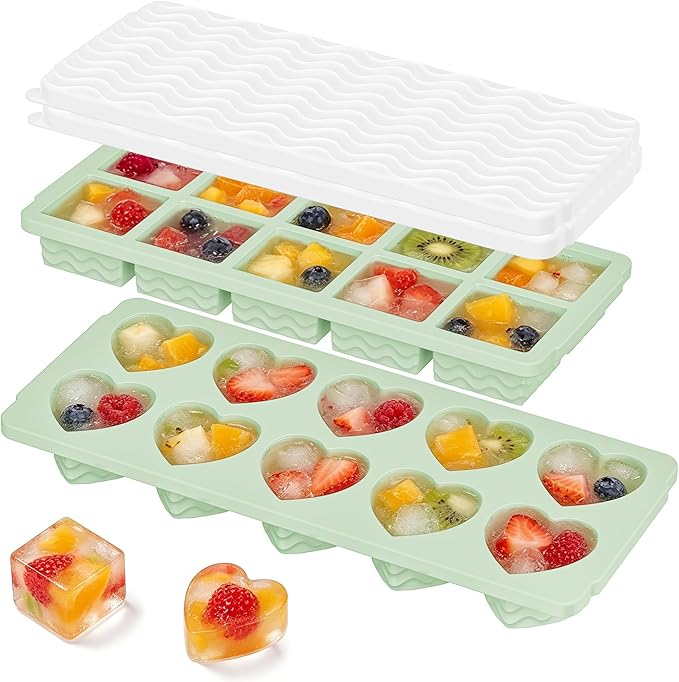 Doasuwish Ice Cube Trays for Freezer with Lids, 2-Tbsp 10-Cube Square & Heart Ice Trays, Covered Ice Molds for Iced Coffee & Cocktails, Freeze 30mL/15mL Portions -2 Pack