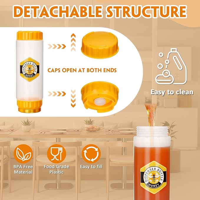 SiliFine 4 Pcs Honey Dispenser No-drip with Lid, Honey & Syrup Squeeze Bottle, Refillable Condiment Bottle Bpa-free, More Hygienic for Sauces Ketchup Kitchen Pancakes Salad Dressings (18 oz)