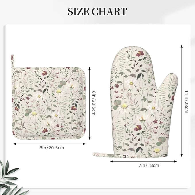 Vintage Wildflowers Oven Mitts and Pot Holders Sets Silicone Abstract Branches and Green Leaves Kitchen Oven Mitts Hot Pads Heat Resistant Potholders Kitchen Mitts Set for Baking Cooking