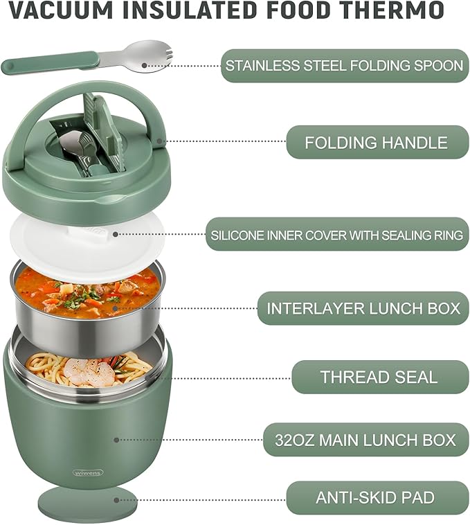 wiwens Thermo Food Jar for Hot Food Adults 32OZ Soup Thermo Lunch Containers Wide Mouth Vacuum Insulated Stainless Steel Leakproof Bento Box with Spoon (Green)