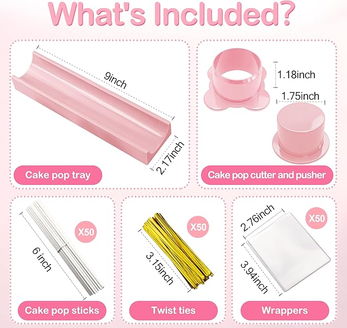 Round Cake Pop Mold Set with 50PCS Sticks Bags Ties,1.75 Inch Cake Pop Cutter and Pusher,Dishwasher Safe Baking Molds for Birthday Wedding Kids Party Desserts-Pink