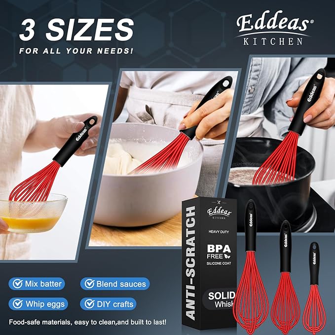 Silicone Whisk, 500°F Heat Resistant Whisks For Cooking, Non-Scratch Coated Whisks set of 3 7",9"&11inch, Balloon Kitchen Wisk tool Set, for Wisking, Blending, Beating, Stirring, Red