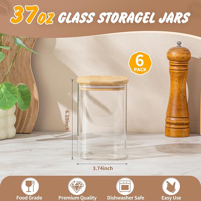 SENTVEND 37 Oz Glass Storage Jars with Bamboo Lids - 6 Pack Clear Glass Canisters Square Airtight Stackable Ideal for Pantry Storage Containers Organizers Great for Storing Oats Coffee Beans Nuts etc