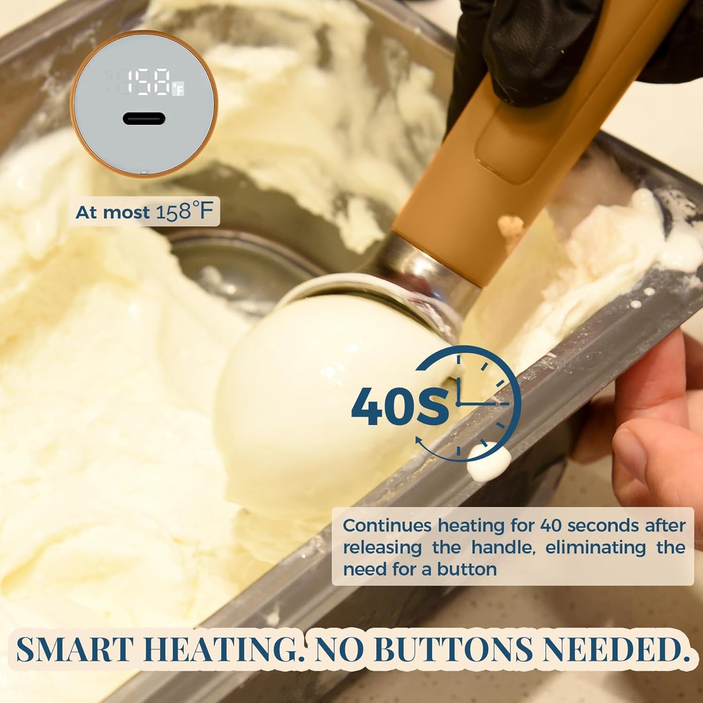 Heated Ice Cream Scoop Rechargeable, Electric Warming Ice Cream Scooper with LED Display, Heats to 158°F for Hard Ice Cream, Easy for Seniors & Kids, IP67 Waterproof (Olive Evergreen, 2oz)