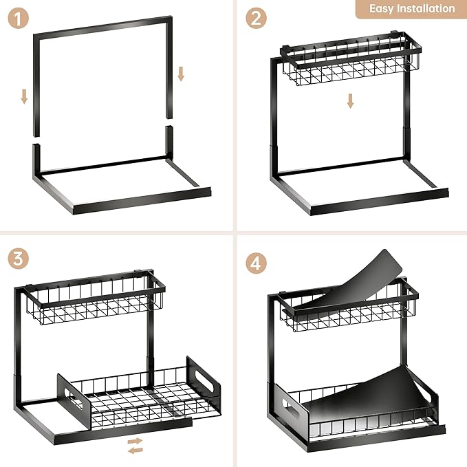 VUSIGN Under Kitchen Sink Organizer 2 Tier, Pull Out Under Sink Organizers and Storage, Bathroom Cabinet Kitchen Organization Storage Shelf, 1 Pack Black