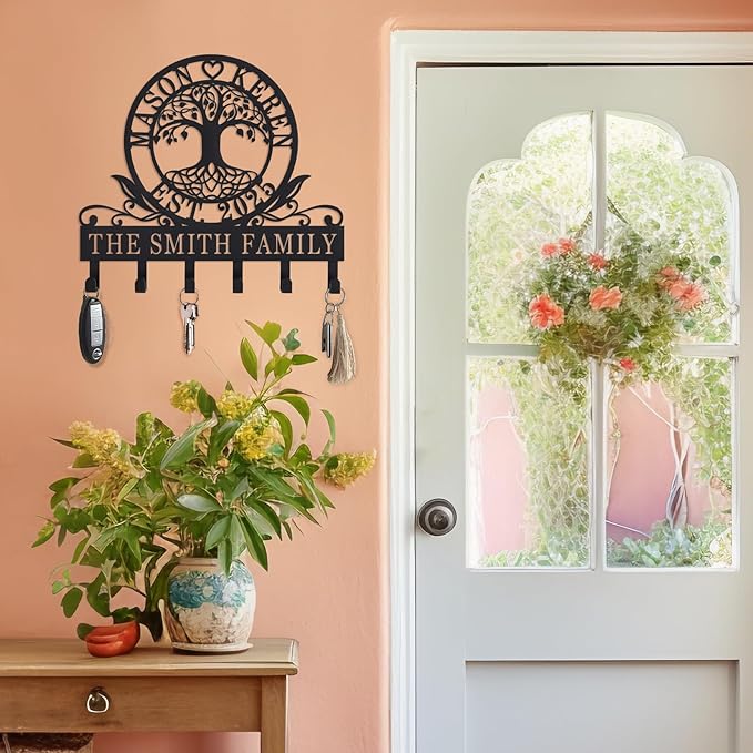 Personalized Tree of Life Key Holder for Wall Custom Key Rack with Hooks Key Hanger for Entryway Family Name Wall Decor Gift for Home