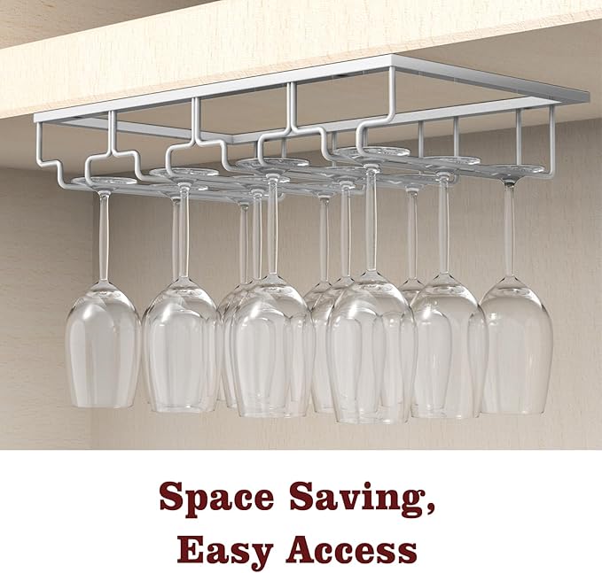 Nuovoware Wine Glass Rack, [2-Pack] Wine Glass Hanger Rack Under Cabinet Stemware Holder Storage Hanger for Bar Kitchen Cabinet (4 Rows), Silver