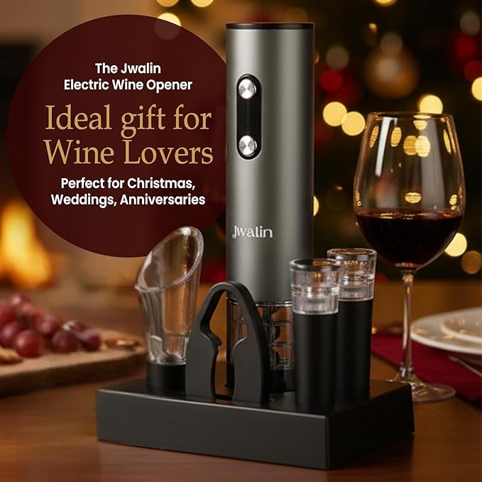 Rechargeable Electric Wine Opener Gift Set – 6-in-1 Automatic Wine Bottle Opener with Foil Cutter, Aerator Pourer, 2 Vacuum Stoppers & Base Stand – Perfect Wine Gift for Wine Lovers