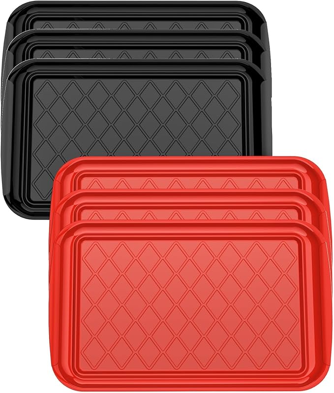Serving Trays for Party - Set of 6, Large Serving Platters for Raw and Cooked Food, Dishwasher Safe, 17×10.5-inch Stackable Plastic Party Supplies for Grilling, BBQ, Meal Prep (Red, Black)