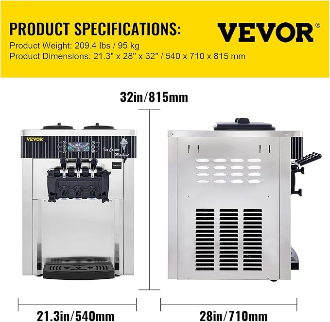 VEVOR Commercial Ice Cream Machine 5.3 to 7.4Gal per Hour Soft Serve with LED Display Auto Clean 3 Flavors Perfect for Restaurants Snack Bar, 2200W, Sliver