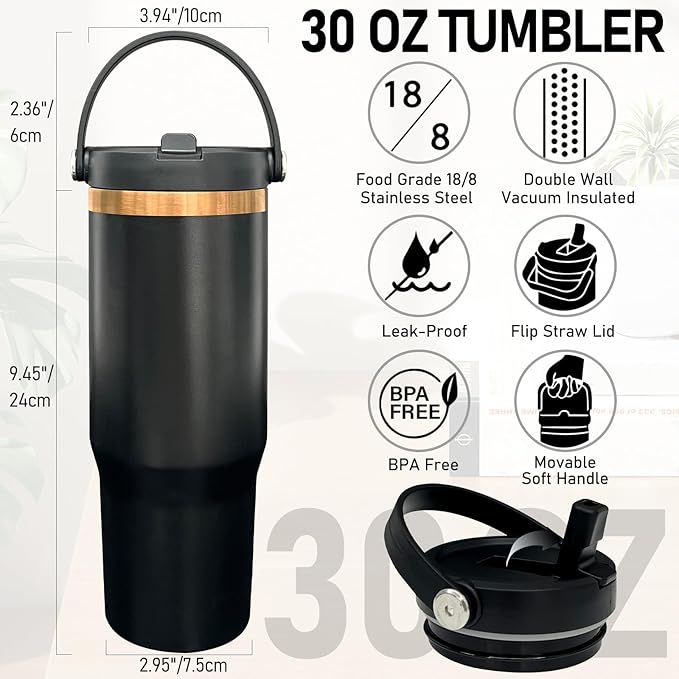 30 oz Tumbler Bulk with Handle and Straw, Vacuum Insulated Tumblers with Flip Straw and Top Handle, Leakproof Powder Coated Tumbler, Stainless Steel Travel Mug for Coffee Water (Black, 8 Pack)