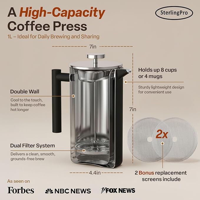 SterlingPro Stainless Steel French Press Coffee Maker 1 L (34 oz) Black – Double Walled Insulated Large Coffee Press, Durable Design Keeps Drinks Hot, Easy to Use and Clean for Rich Flavor Brewing