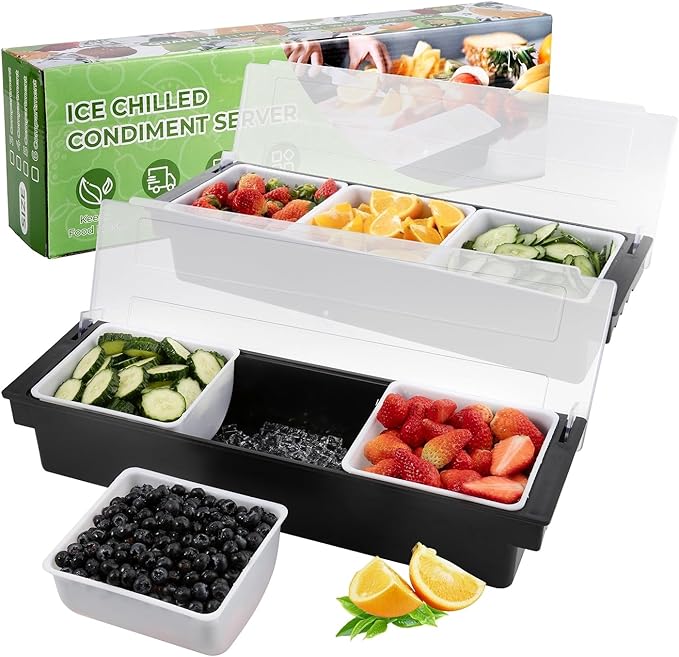 Fruit, Veggie & Condiment Caddy with Lid Dispenser Tray Garnish Station for Bartending & Serving Taco (2, 3 Compartment)