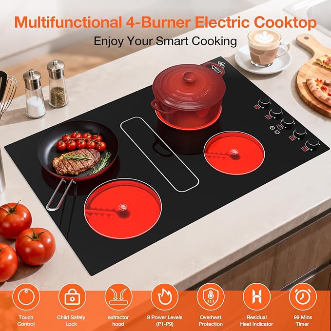 31" Electric Cooktop with Downdraft – 4 Burner 6000W Built-in Electric Stove, BBQ Bridge Burner, Timer, Safety Lock, Recirculating Vent (220V-240V)
