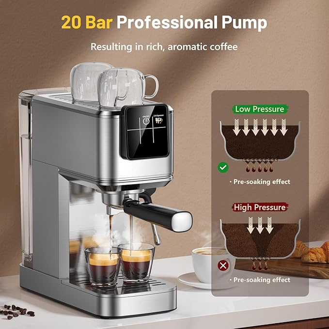 Espresso Machine 20 Bar with Touch Screen, Hot & Iced Coffee Makers, Stainless Steel Espresso Maker with Rapid Cold Brew & Milk Frother Steam Wand, with Water Tank for Latte, Cappuccino, Gift