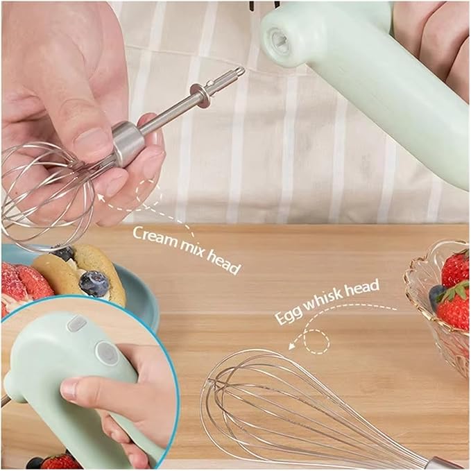 Portable Handheld Mixer, USB Electric Blender with 2 Mixing Heads - Wireless Rechargeable Food Mixer, Dough Stirrer, Eggbeater & Whisk for Kitchen, Baking, Cooking(Green)