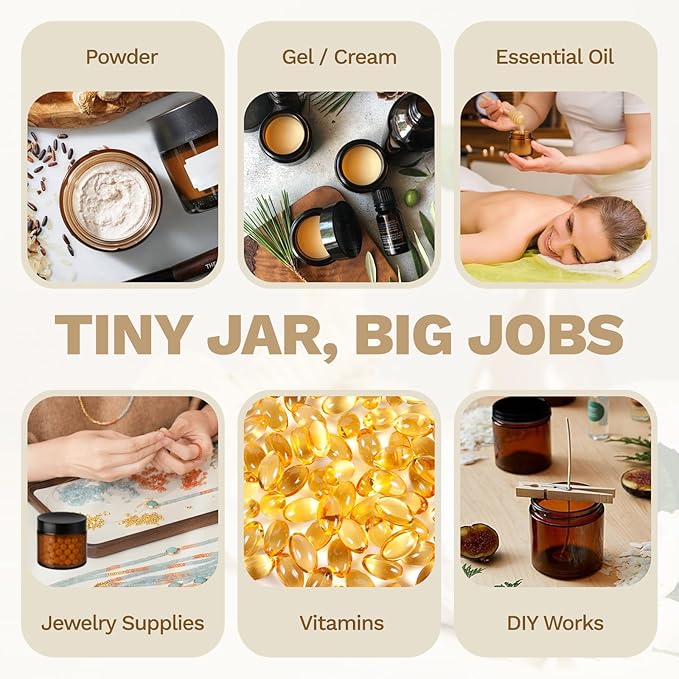 Bumobum 48 Pack 4 oz Small Glass Jars with Lids, Amber Glass Lotion Jars with Inner Liners, 120ml Round Refillable Empty Containers with Blank Labels for Cream, Body Scrub, Cosmetic