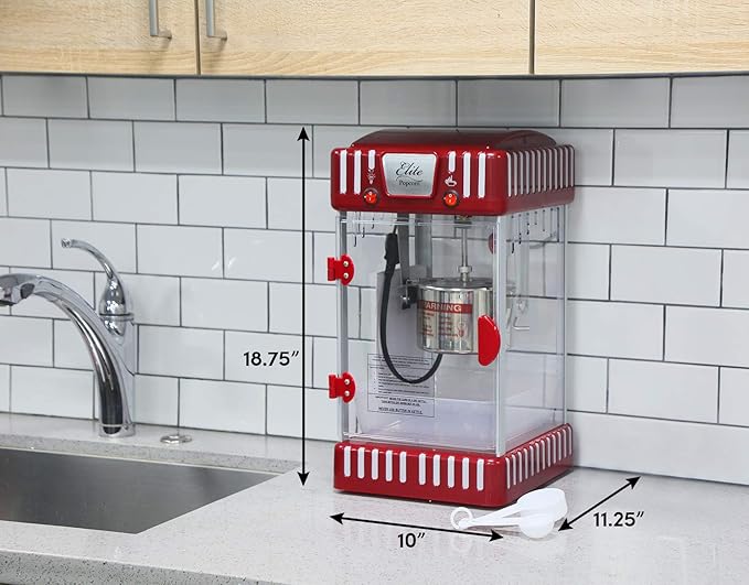 Elite Gourmet EPM-250X Maxi-Matic 2.5 Ounce Classic Carnival, Tabletop Kettle Popcorn Popper Machine, Retro-Style, Movie Hot Buttered Popcorn, Red