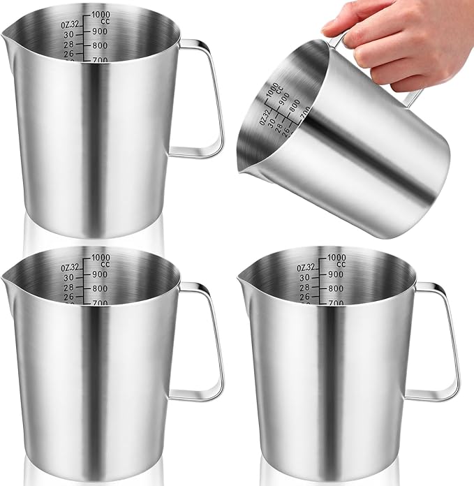 Copkim 4 Pcs Stainless Steel Pitcher with Handle and Pour Lip 33.8 Oz, 1000 Ml, 4 Cup Metal Liquid Measuring Cup Measuring Jug Milk Frothing Pitcher for Milk Latte Art Water Pouring