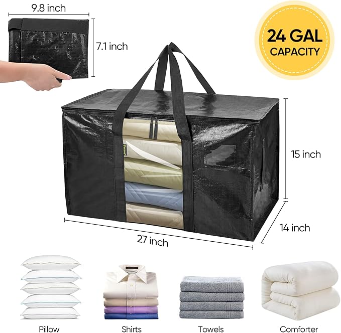 BALEINE 2-Pack Oversized Moving Bags with Reinforced Handles, Heavy-Duty Storage Tote Moving Supplies for Packaging, Camping (Black w/Window, 2-Pack)