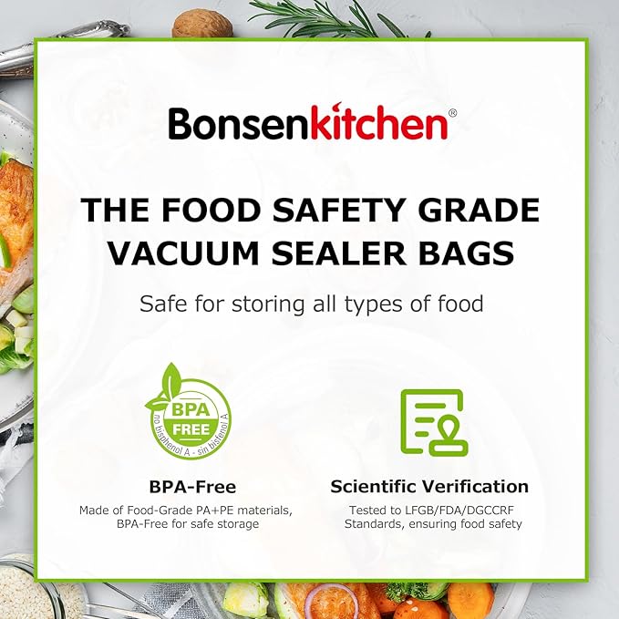Bonsenkitchen Vacuum Food Sealer Rolls Bags, 8" x 50' & 11" x 50' Commercial Grade BPA Free Bag Rolls, Durable Customized Size Food Vac Bags for Storage and Sous Vide Cooking VB3212
