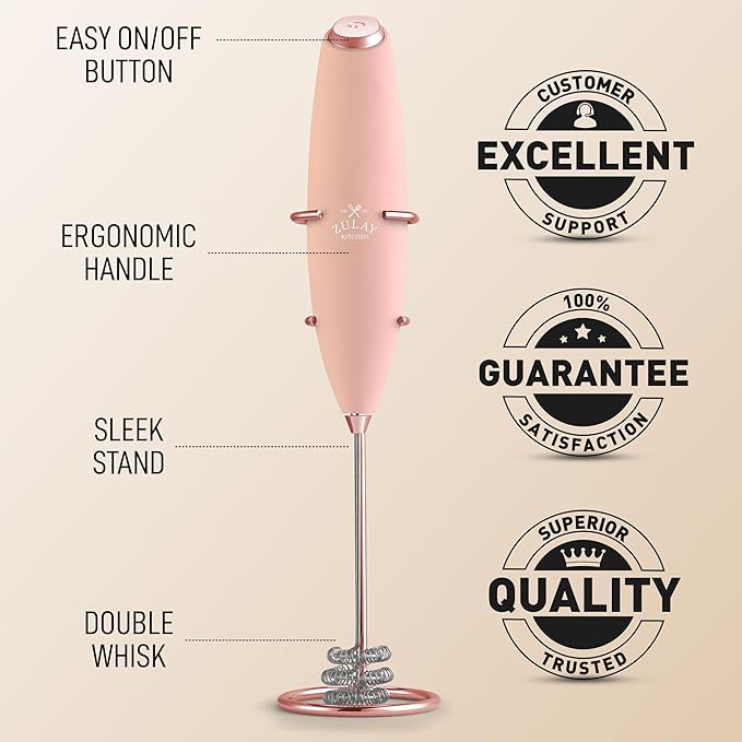 Zulay Kitchen Patented Tornado Triple Whisk Milk Frother with 4 Duracell Batteries – Handheld Foam Maker for Coffee, Lattes, Matcha & Hot Chocolate – Rich, Creamy Froth in Seconds - Rose Peach