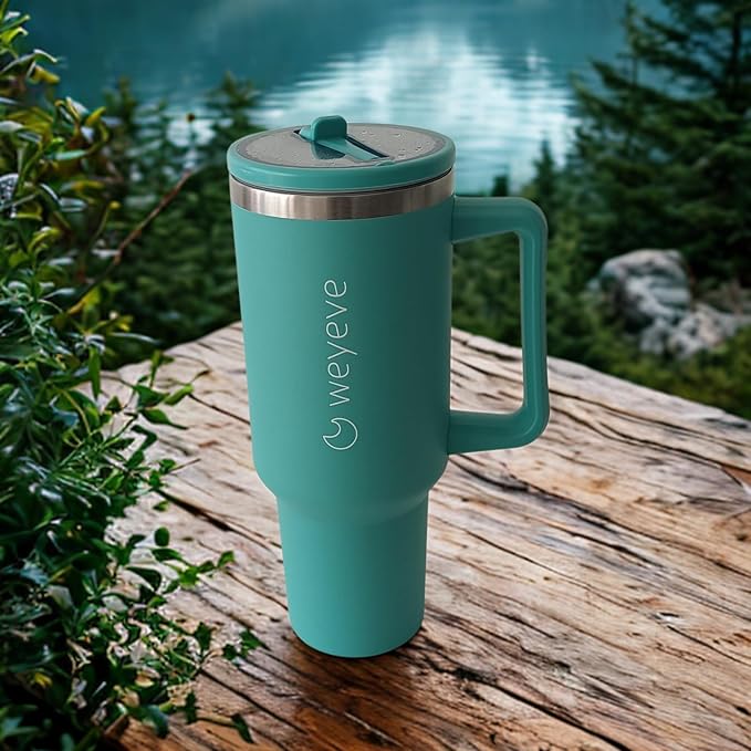 40oz Tumbler with Handle, Flip Straw, and Leak-Proof Lid – Stainless Steel Double Wall Insulated Travel Mug (Ocean Green)