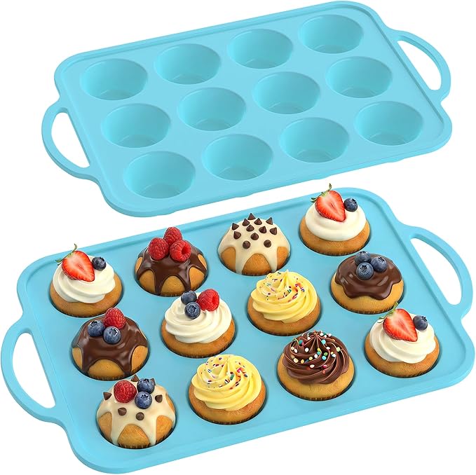 2Pack Silicone Muffin Pan for Baking with Metal Reinforced Frame, 12 Cup Regular Size Cupcake Pan, BPA Free Silicone Muffin Tray, Cupcake Baking Pan Molds for Oven Dishwasher Safe - Blue