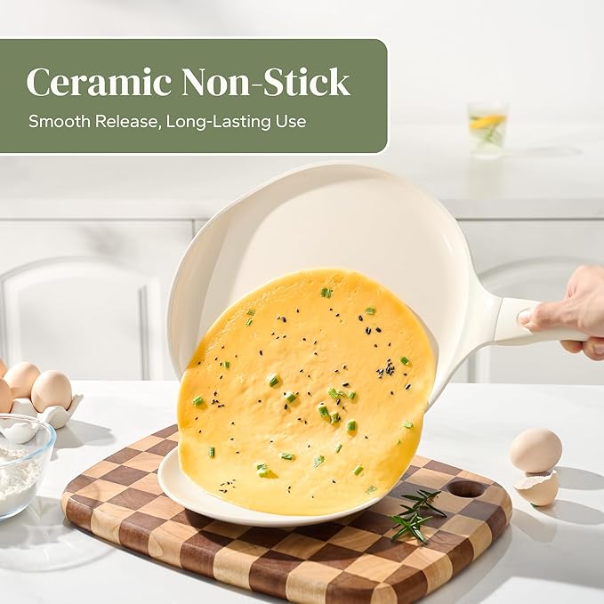 Redchef Nonstick Crepe Pan 12 Inch with Ceramic Coating, Non Stick Flat Skillet, Professional Pancake Griddle Pan, Induction Compatible, PFAS/PFOA/PTFE Free, Stay-Cool Handle (Beige White)