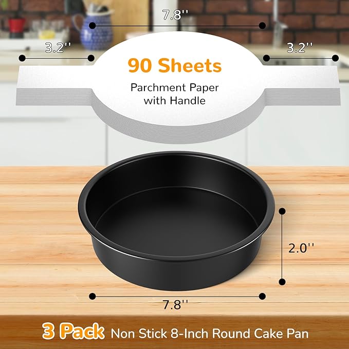 8 Inch Round Cake Pan Set of 3, Nonstick Baking Pans with 90PCS Parchment Paper, Dishwasher Safe