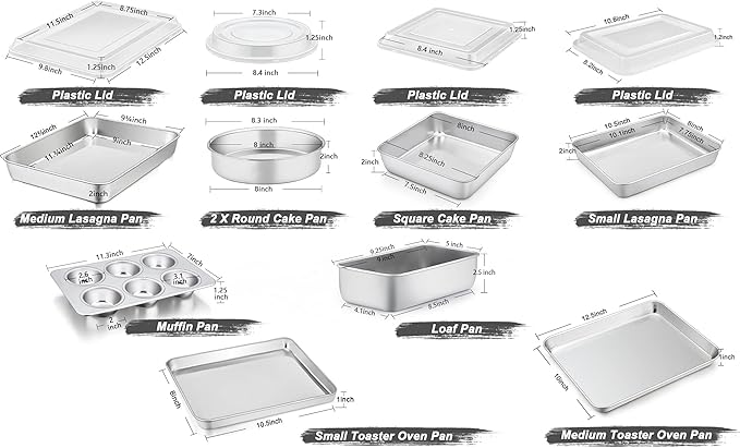 TeamFar Stainless Steel Bakeware Set, 13-Piece Metal Baking Roasting Pans with Lid, Rectangular/Square/Round/Lasagna/Loaf/Muffin Cake Pans, Non-Toxic & Sturdy, Smooth & Dishwasher Safe
