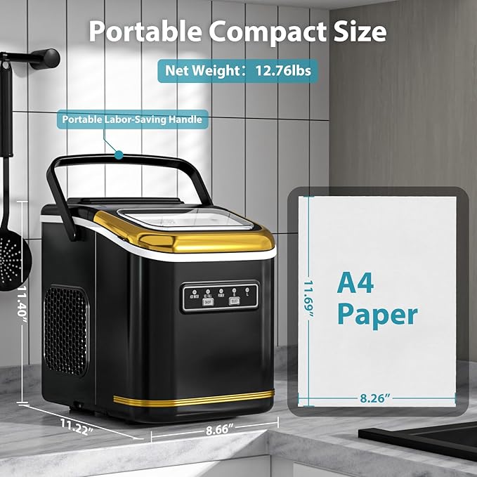 Electactic Ice Maker Machine Countertop Portable Compact Small Bullet Ice Maker with Self Cleaning,9 Cubes in 6 Mins,26lbs in 24Hrs, for Home and Kitchen(Black)