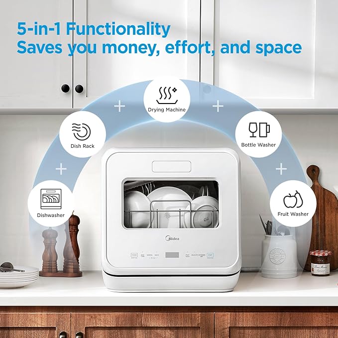 Midea MDC17P4CWW Portable Countertop Mini 1.32Gal Built-in Water Tank, Baby Care, No Hookup Needed, 360° Dual Spray,High-Temp wash, Dishwasher for Apartments& RVs, White, Whole