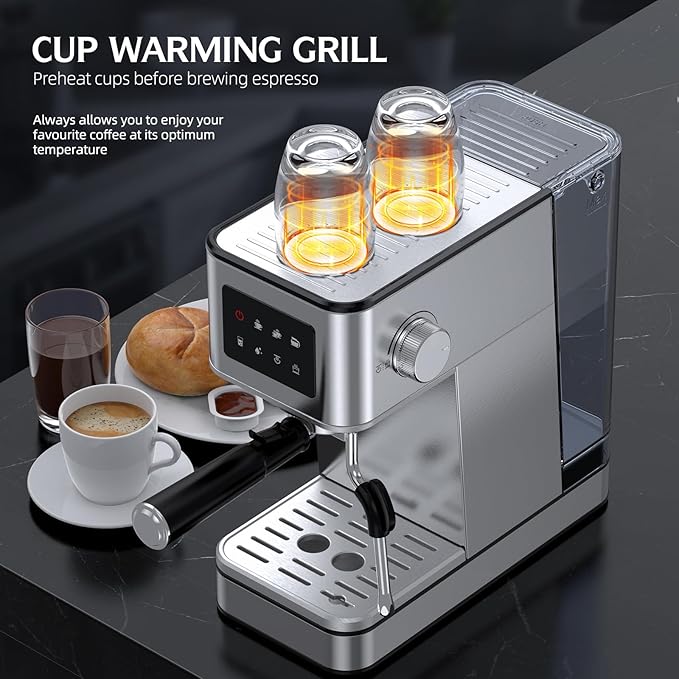 20 Bar Espresso Machine with Milk Frother, Stainless Steel Coffee Maker with Touch Screen & Cold Brew, 45s Fast Heat Small Cappuccino & Latte Machine with 57.5oz Removable Water Tank for Home, Silver