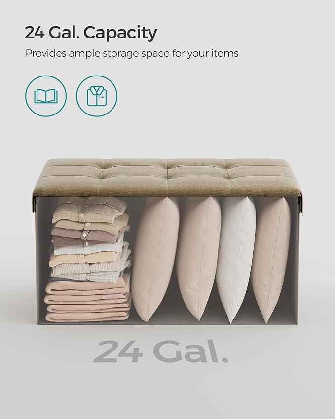 SONGMICS Mazie Collection - 30 Inches Folding Storage Ottoman Bench, Ottoman Foot Rest, End of Bed Bench, Storage Chest, Load 660 lb, for Living Room, Bedroom, Entryway, Camel Brown ULSF047R01