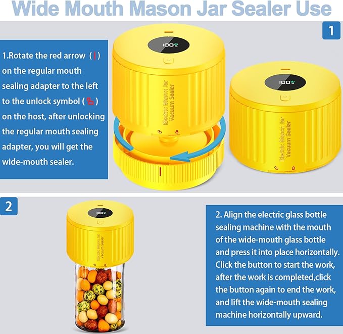 LOVE MOMENT Electric Mason Jar Vacuum Sealer Kit for Wide Mouth and Regular Mouth Mason Jar - Yellow