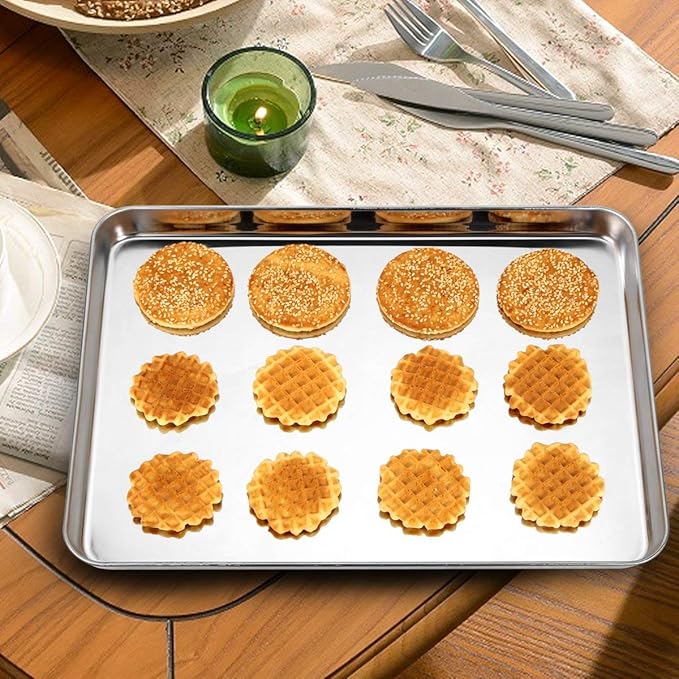 Baking Sheet with Rack Set [2 Pans + 2 Racks], Wildone Stainless Steel Cookie Sheet Baking Pan Tray with Cooling Rack, Size 16 x 12 x 1 Inch, Non Toxic & Heavy Duty & Easy Clean