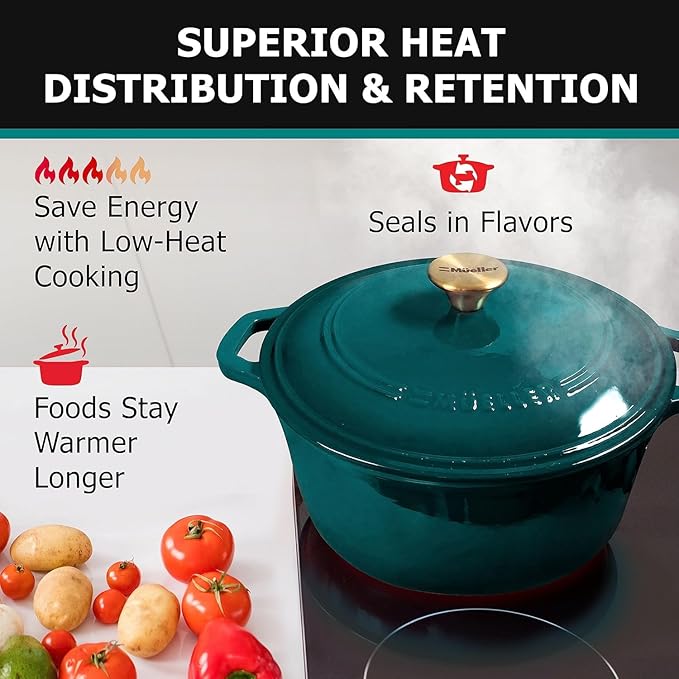 MUELLER HOME 4.5 QT Enameled Cast Iron Dutch Oven, Heavy-Duty Casserole Dish and Braiser Pan with Lid, Oven-Safe up to 500° F & Across All Cooktops, Housewarming Gifts New Home, Emerald