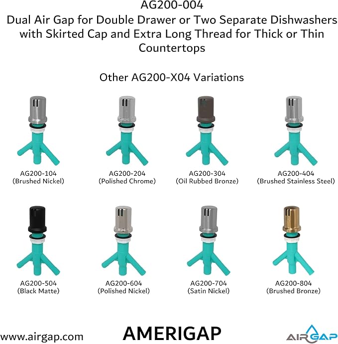 Dual Air Gap for Double Drawer or Two Separate Dishwashers with Skirted Cap and Extra Long Thread for Thick or Thin Countertops (AG200-004, AG200-001, T52, AMERIGAP)