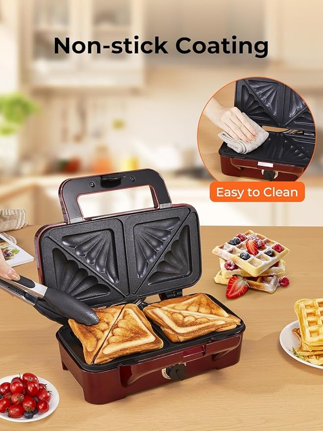 HOUSNAT Sandwich Maker, 3 in 1 Waffle Maker with Removable Plates, 1200W Panini Press with Interchangeable Non-Stick Plates, Indicator Lights, 5-gear Temperature Control (Red)
