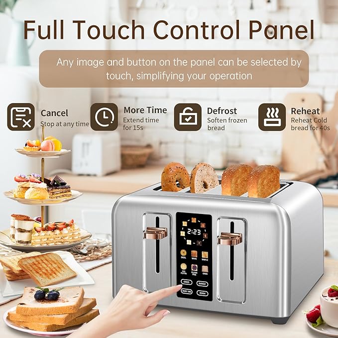 SEEDEEM Toaster 4 Slice, Full Touch control Toaster, LCD Display, 6 Bread Type, 7 Shade Settings, 1.4''Wide Slots，More Time Function, Removable Crumb Tray, 1800W, Silver Metallic