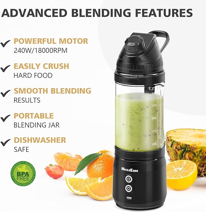 Portable Blender with Insulated Carrying Case & Recipe Book for Shakes and Smoothies, 24 OZ Personal Juicer Electric Protein Shaker Bottle, Mini Small Blender Cup with USB-C Rechargeable, Travel Lid