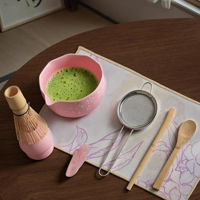 Matcha Whisk Set, 8-Piece Ceramic Japanese Matcha Bowl & Accessories Kit for Traditional Tea Ceremony, Home Use & Gifts (Pink)