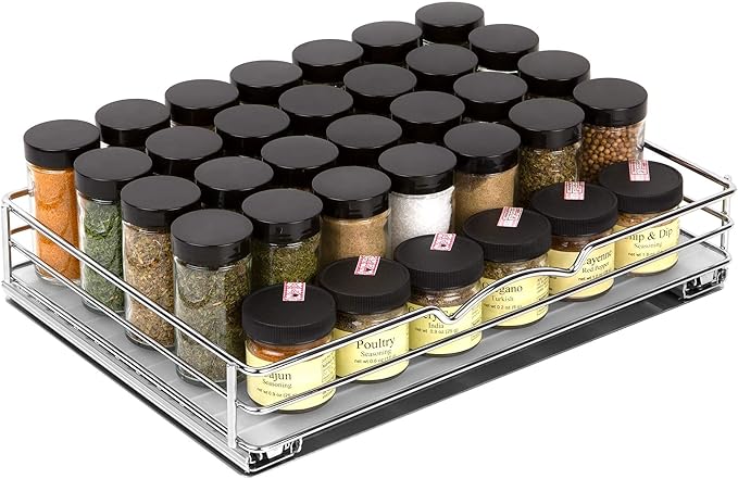 Pull-Out Cabinet Spice Rack Organizer - Slim Slide-Out Storage for Spices, Bottles & Jars, Premium Heavy-Duty Steel, Easy Install for Narrow Kitchen Cabinets - 14 ⅜ W x 10 ⅜ D x 2 ¾ H, Chrome