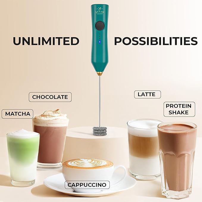 Zulay Kitchen Rechargeable Milk Frother - Dynamic - 3 Speeds, 3 Whisk Attachments, 500 mAh USB Charging, Drink Mixer For Latte, Cappuccino, Matcha, Protein Powder, Coffee Foam - Green Gold