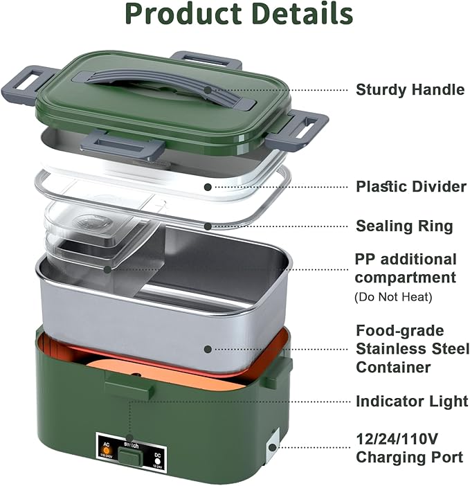 IFENROL Electric Heated Lunch Box for Adults, 100W 3-IN-1 2 Pack 1.8L Containers Heating Lunch Box for Men Portable Double Layer, Fast Heated Food Warmer,12V/24V/110V for Car Truck Office Home